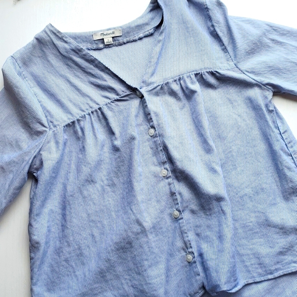 Madewell Blue & White Pinstripe Breezy Button Down Top Bell Ruffle Sleeves S